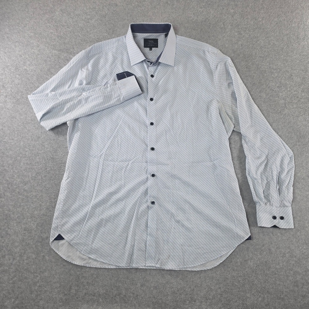 WRK Mens 18 Slim Fit 4-Way Stretch Dress Shirt White Blue Geometric Micro Dot